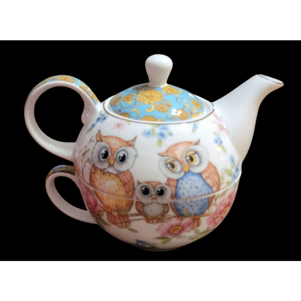 Whimsical and cute! Tea Set For One Owls Nesting Porcelain Teapot and Cup w/ box - Picture 2 of 11